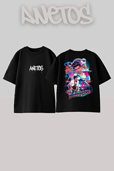 Anetos Bruno Mars 3 Design Back Printed Cotton Black Oversize T-Shirt