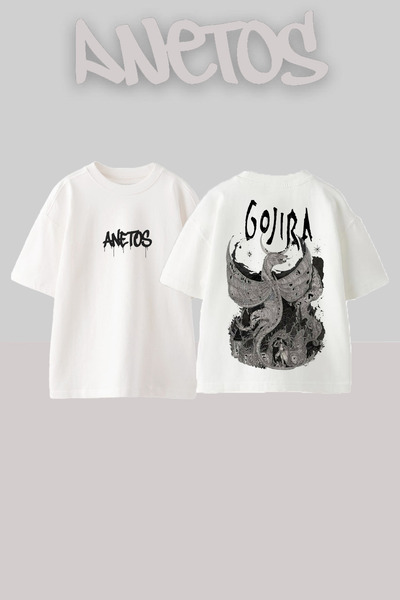 Anetos Gojıra 3 Design Rucsac cu imprimeu Bumbac Alb supradimensionat tricou