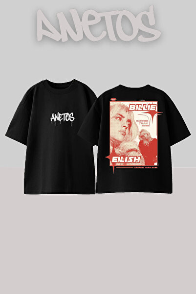 Anetos تي شيرت بيلي إيليش 21 ذو تصميم مطبوع على الظهر من القطن باللون الأسود ...