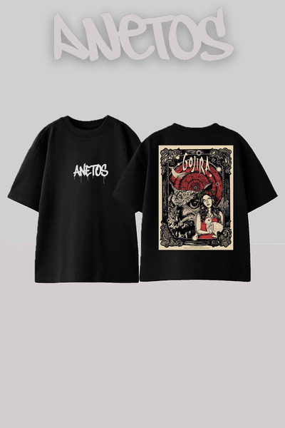 Anetos Gojıra 19 Design Spate cu imprimeu Bumbac Negru supradimensionat tricou