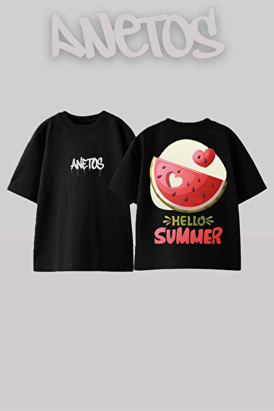 Anetos Hello Summer Design Spate cu imprimeu Bumbac Negru supradimensionat tr...