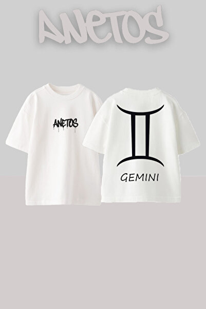 Anetos Gemini Design Spate cu imprimeu Bumbac Alb supradimensionat tricou