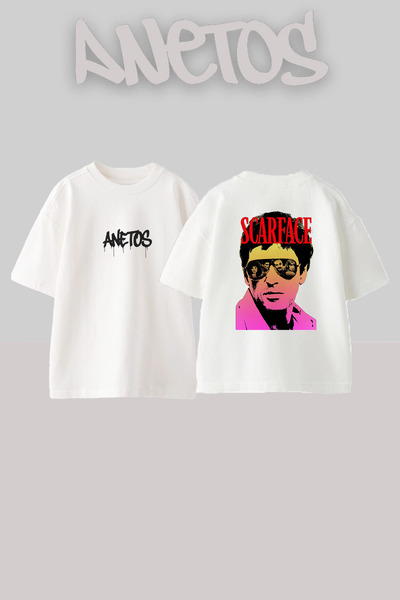 Anetos Scarface 2 Design Tricou oversize din bumbac alb cu imprimeu pe spate