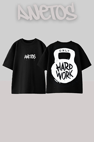 Anetos Hard Work Design Spate cu imprimeu Bumbac Negru supradimensionat tricou