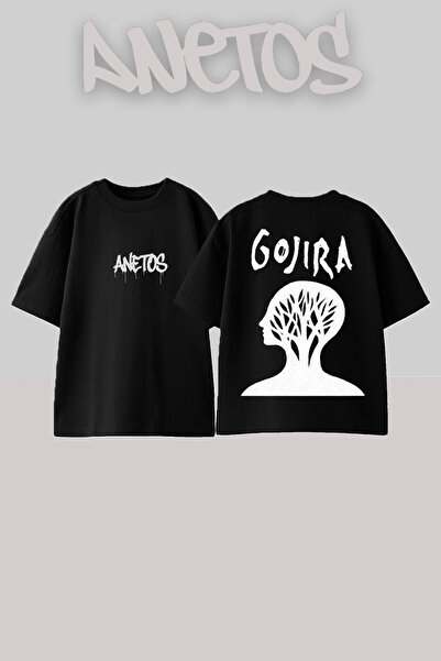 Anetos Gojıra 4 Design Spate cu imprimeu Bumbac Negru supradimensionat tricou