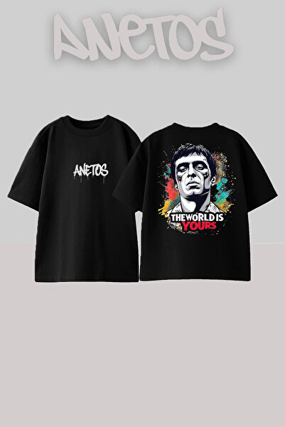 Anetos Tricou oversize negru din bumbac cu imprimeu pe spate Scarface 8 Design