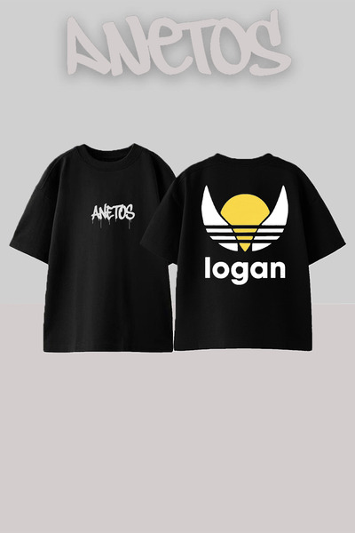 Anetos Rucsac Logan Design cu imprimeu Bumbac Negru supradimensionat tricou