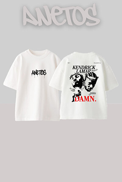 Anetos Kendric Lamar Design Spate cu imprimeu Bumbac Alb supradimensionat tricou