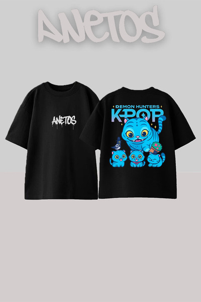 Anetos Kpop Cat Design Rucsac cu imprimeu Bumbac Negru supradimensionat tricou