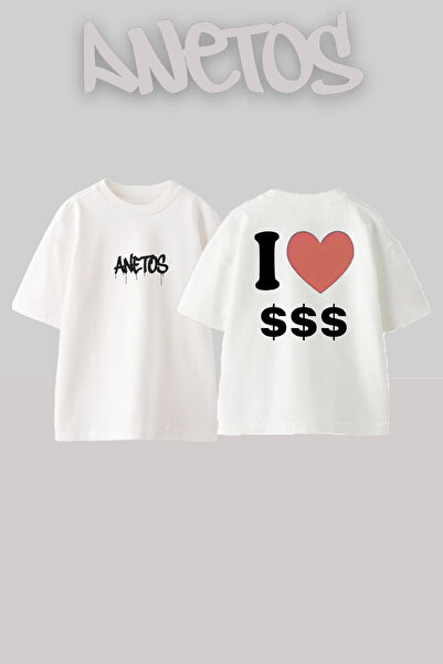 Anetos I Love Money Design Rucsac cu imprimeu Bumbac Alb supradimensionat tricou
