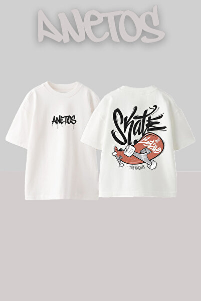 Anetos Skateboard Design Back cu imprimeu Bumbac Alb supradimensionat tricou