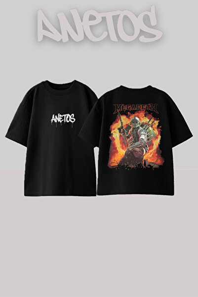 Anetos Megadeth 17 Design Back cu imprimeu Bumbac Negru supradimensionat tricou