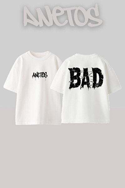 Anetos Bad 1 Design Spate cu imprimeu Bumbac Alb supradimensionat tricou
