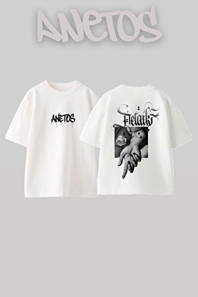 Anetos Stayls Rose Hand Design Back Printed Cotton White Oversized T-shirt