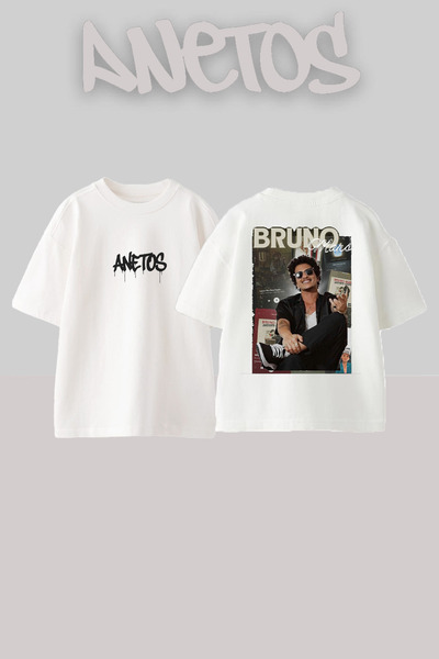 Anetos Bruno Mars 9 Design Spate cu imprimeu Bumbac Alb supradimensionat tricou