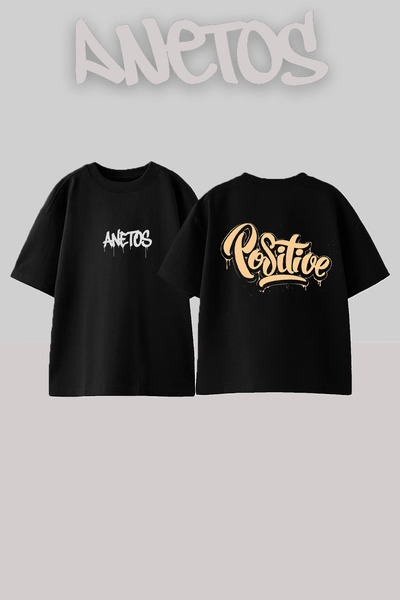 Anetos تي شيرت أسود كبير الحجم من القطن مطبوع عليه تصميم إيجابي