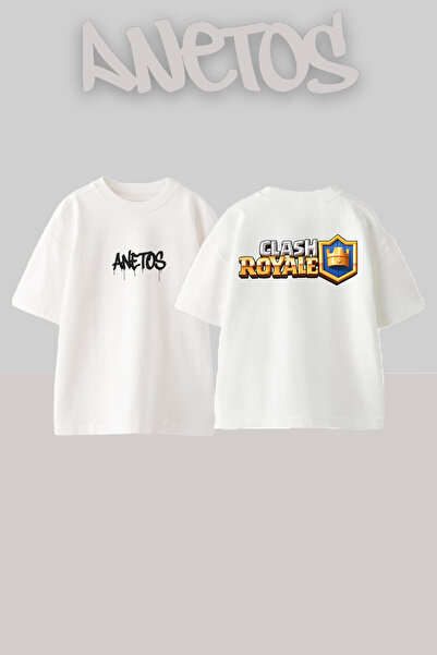 Anetos 1 Tricou oversize alb din bumbac cu imprimeu pe spate