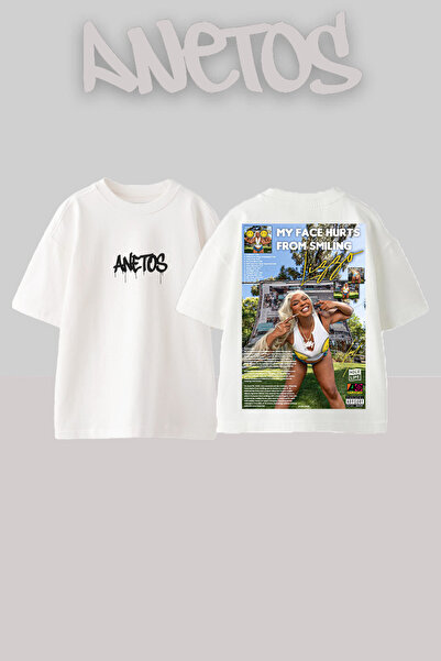 Anetos Μπλούζα My Face Hurts Σχεδίαση με Τύπωμα στην Πλάτη, Λευκή, Oversize