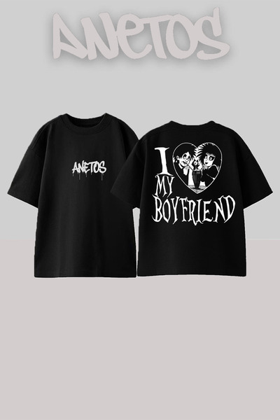 Anetos I Love Boyfirend Design Rucsac cu imprimeu Bumbac Negru supradimension...