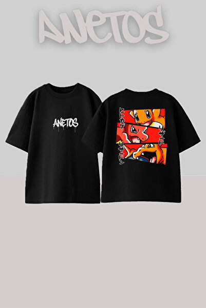 Anetos Μπλουζάκι Pekomon Design Back με τύπωμα Cotton Black oversized