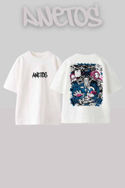 Anetos One Piece Kuma Design Spate cu imprimeu Bumbac Alb supradimensionat tr...