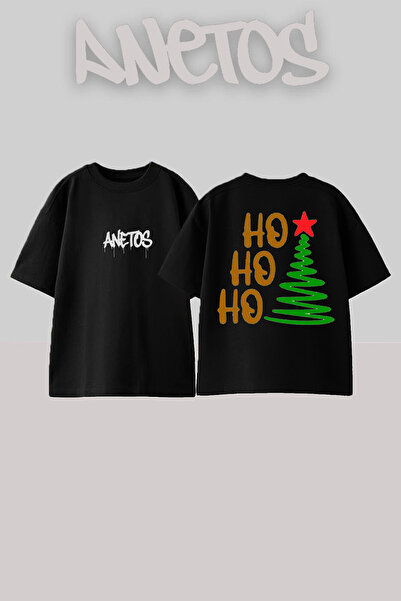 Anetos Hohoho Design Spate cu imprimeu Bumbac Negru supradimensionat tricou