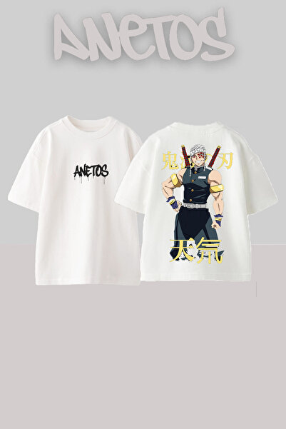 Anetos Demon Slayer 28 Design Spate cu imprimeu Bumbac Alb supradimensionat t...