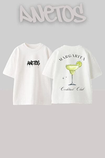 Anetos تي شيرت مارغريتا كوكتيل كلوب بتصميم مطبوع على الظهر من القطن الأبيض مقاس كبير