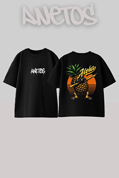Anetos Ananas Design Spate cu imprimeu Bumbac Negru supradimensionat tricou