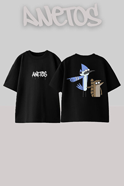 Anetos تي شيرت أسود كبير الحجم من القطن مطبوع عليه تصميم مورديكاي آند ريغبي