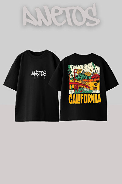 Anetos تي شيرت أسود كبير الحجم من القطن مطبوع عليه تصميم كاليفورنيا
