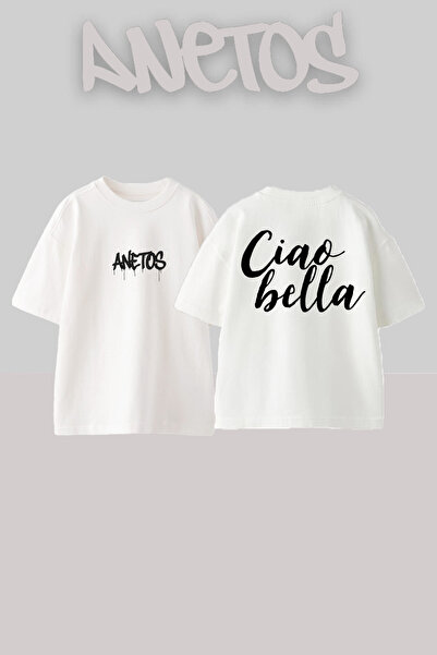 Anetos Ciao Hello Design Rucsac cu imprimeu Bumbac Alb supradimensionat tricou