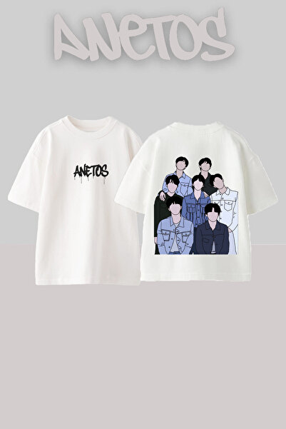 Anetos Bts Design Back cu imprimeu Bumbac Alb supradimensionat tricou