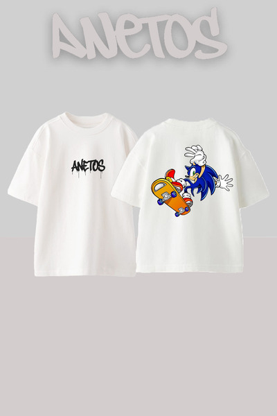 Anetos تي شيرت أبيض كبير الحجم من القطن مطبوع عليه تصميم سونيك