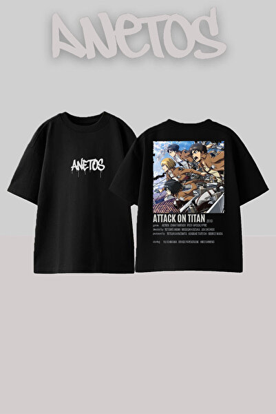 Anetos Attack On Titan 2 Design Spate cu imprimeu Bumbac Negru supradimension...