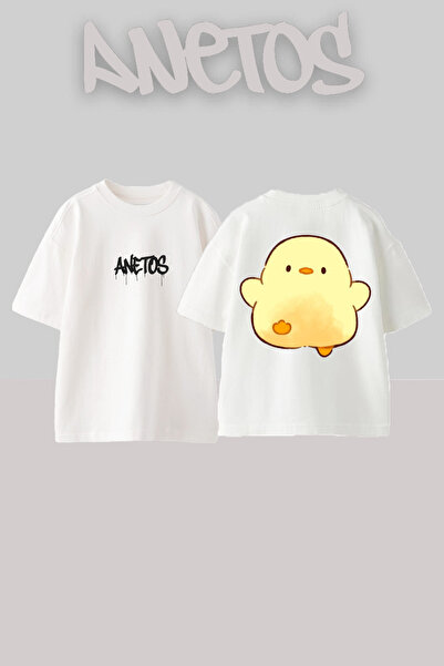 Anetos Civciv Design Spate cu imprimeu Bumbac Alb supradimensionat tricou