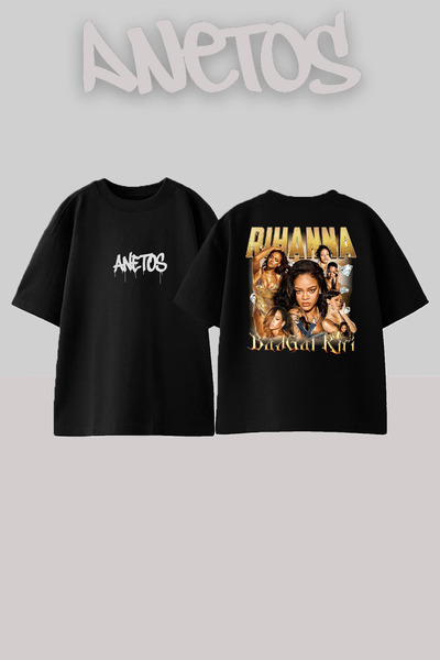 Anetos Rihanna 1 Design Spate cu imprimeu Bumbac Negru supradimensionat tricou