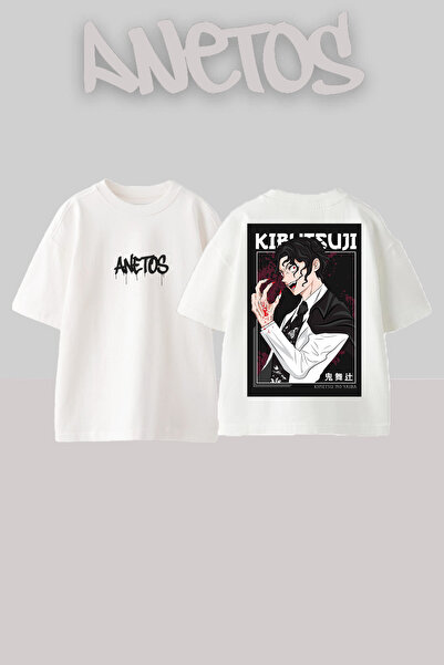 Anetos Demon Slayer 8 Design Back cu imprimeu Bumbac Alb supradimensionat tricou