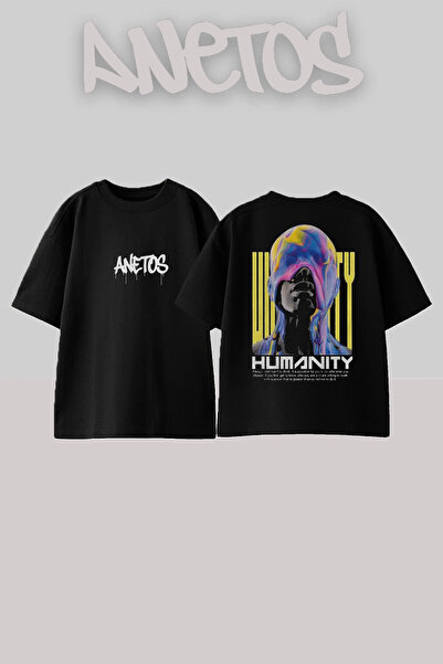 Anetos Tricou oversize negru din bumbac cu imprimeu pe spate Humanity Design
