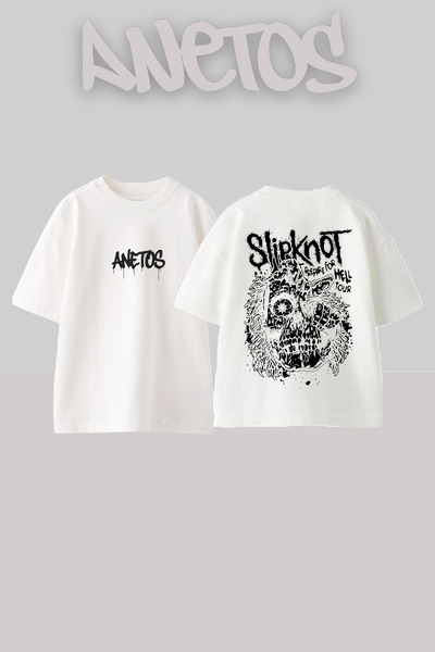 Anetos Slipknot 4 Design Back cu imprimeu Bumbac Alb supradimensionat tricou