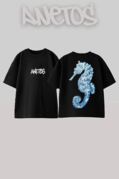 Anetos Deniz Atı Design Rucsac cu imprimeu Bumbac Negru supradimensionat tricou