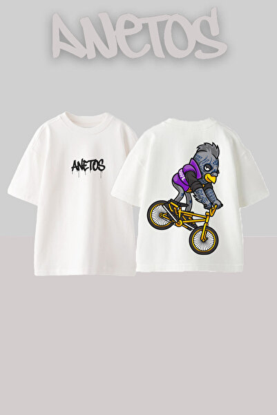 Anetos Bıking Bird Design Rucsac cu imprimeu Bumbac Alb supradimensionat tricou