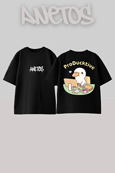 Anetos Duck Design Rucsac cu imprimeu Bumbac Negru supradimensionat tricou