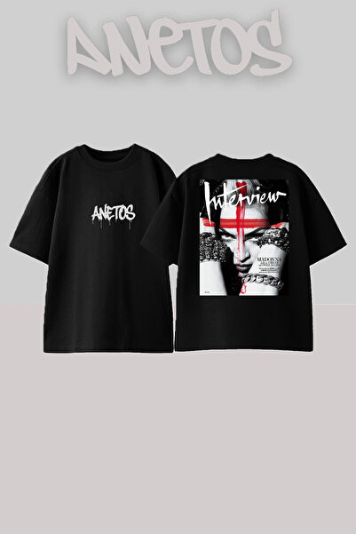 Anetos Μπλουζάκι Madonna 6 Σχεδίαση Ρίσκο με τύπωμα από βαμβάκι Μαύρο oversized