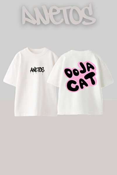 Anetos Doja Cat 5 Design Back cu imprimeu Bumbac Alb supradimensionat tricou