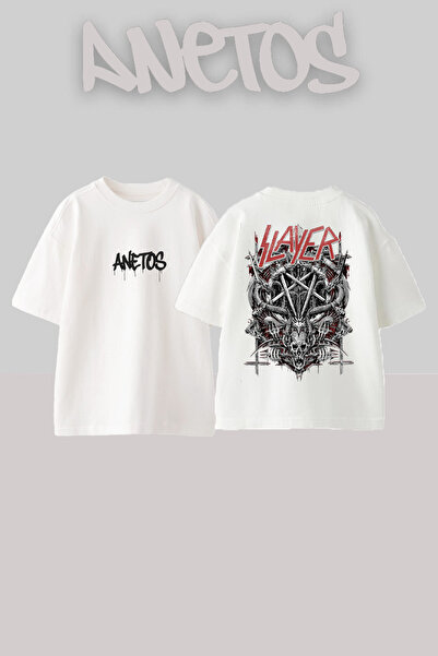 Anetos Slayer 8 Design Back cu imprimeu Bumbac Alb supradimensionat tricou