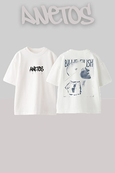 Anetos Billie Eilish 13 Design Back cu imprimeu Bumbac Alb supradimensionat tricou