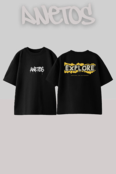 Anetos Explore Design Rucsac cu imprimeu Bumbac Negru supradimensionat tricou