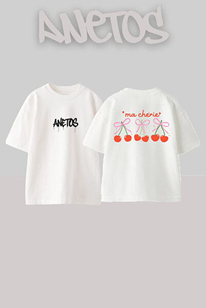 Anetos Ma Cherie Design Spate cu imprimeu Bumbac Alb supradimensionat tricou