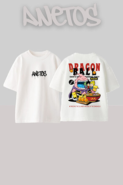 Anetos Dragon Ball Design Spate cu imprimeu Bumbac Alb supradimensionat tricou